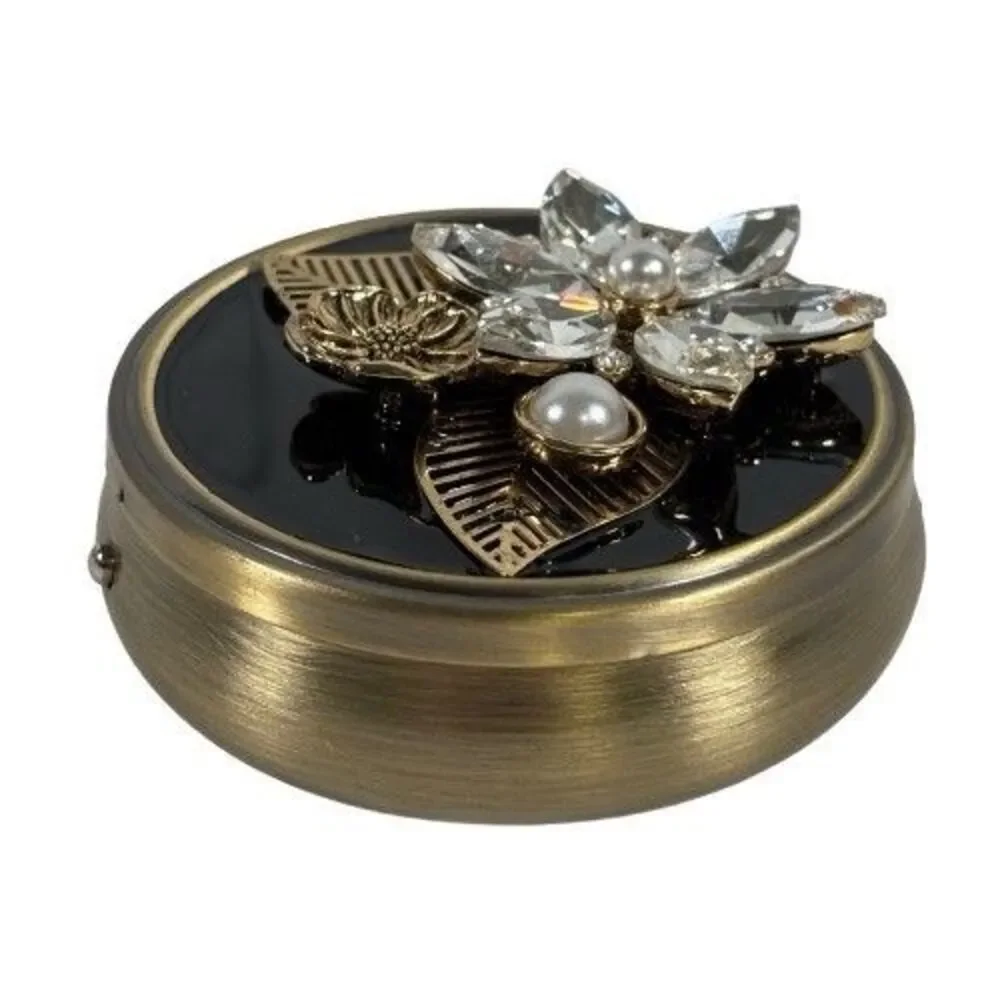Pill Box Trinket Floral Design Blk Brass w/Crystal Embellishments 3 Compartments